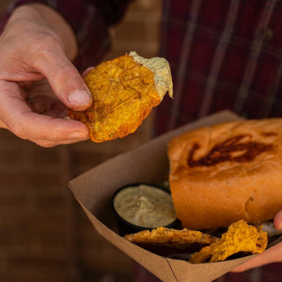 Person holding a golden fried appetizer above a tray with a toasted sandwich, dipping sauce, and additional fried pieces.