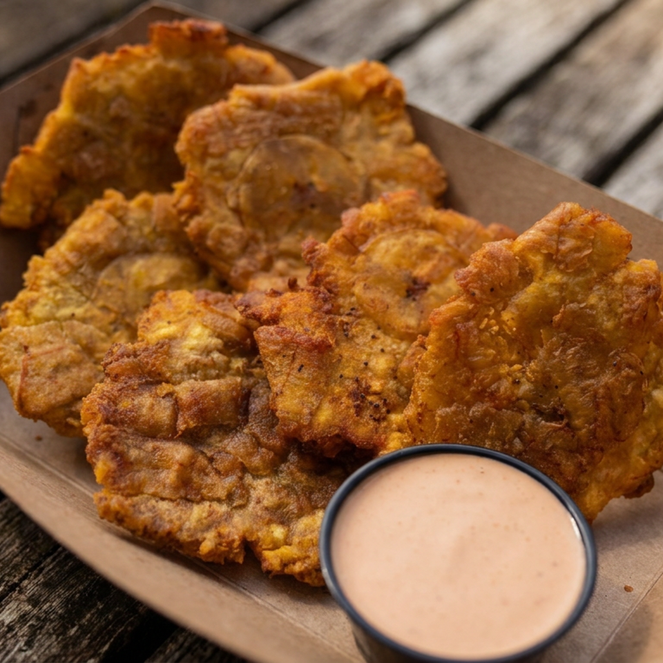 Basket of golden fried plantain fritters served with creamy dipping sauce on a rustic wooden table.